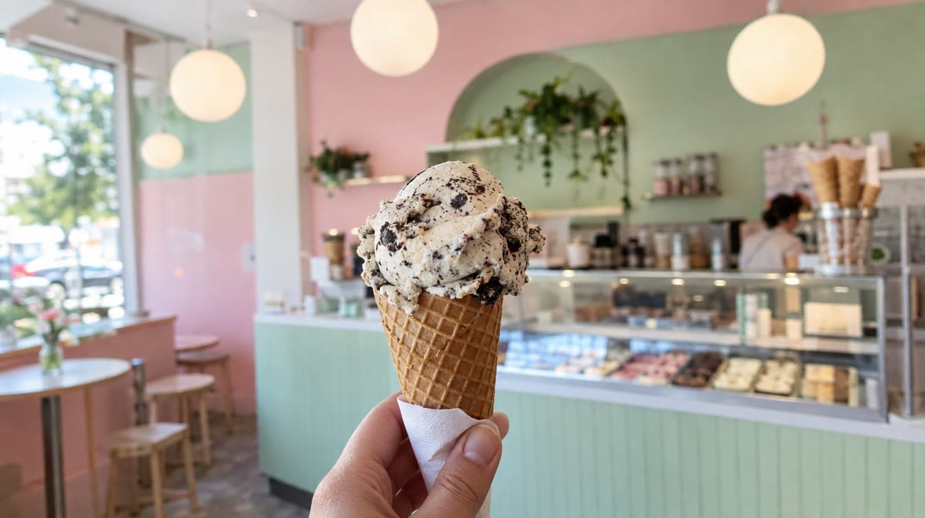 Isvaffel foran den pastelfarvede disk — Odense Ismejeri