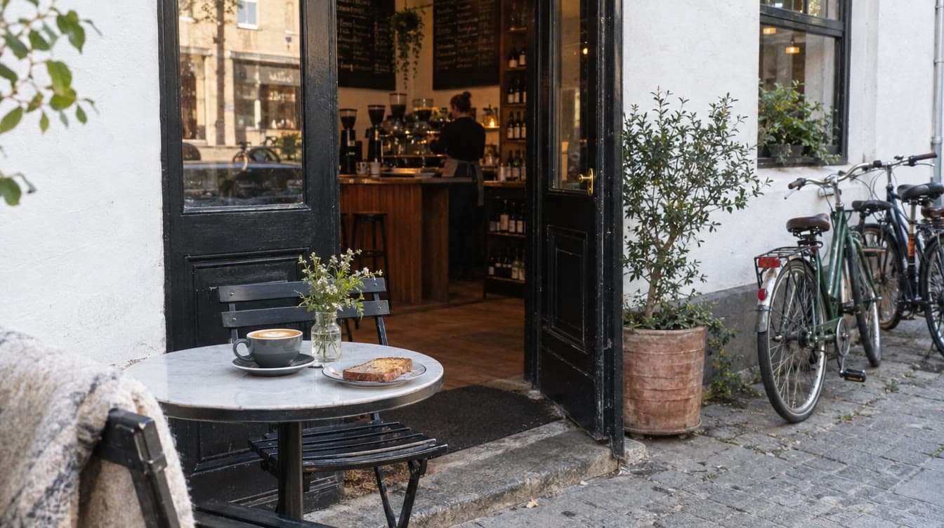 Kaffe og toast foran den hvide facade — Os Kaffe og Vin