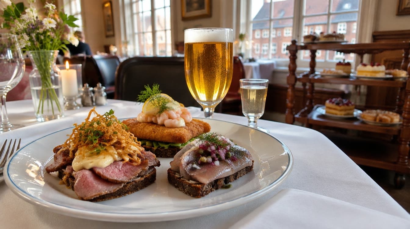 Klassisk smørrebrød på hvid dug med øl og snaps