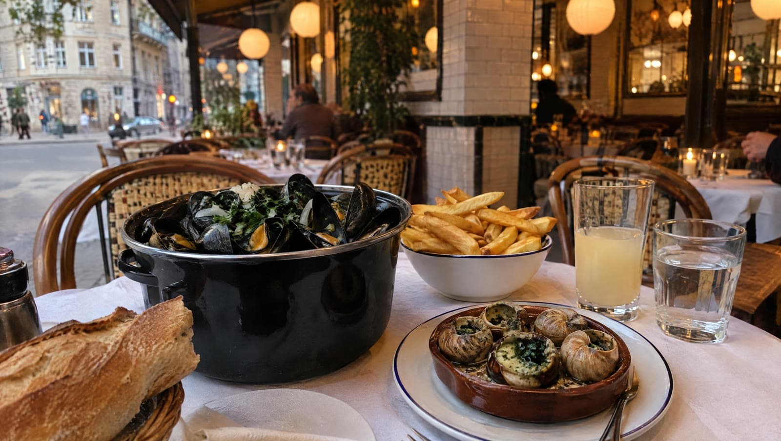 Moules marinières, escargots og pastis på hvid dug — Pastis