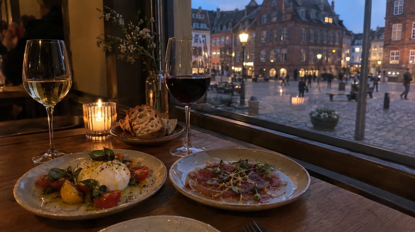 Burrata, crudo og vin ved vinduet — Pingvin