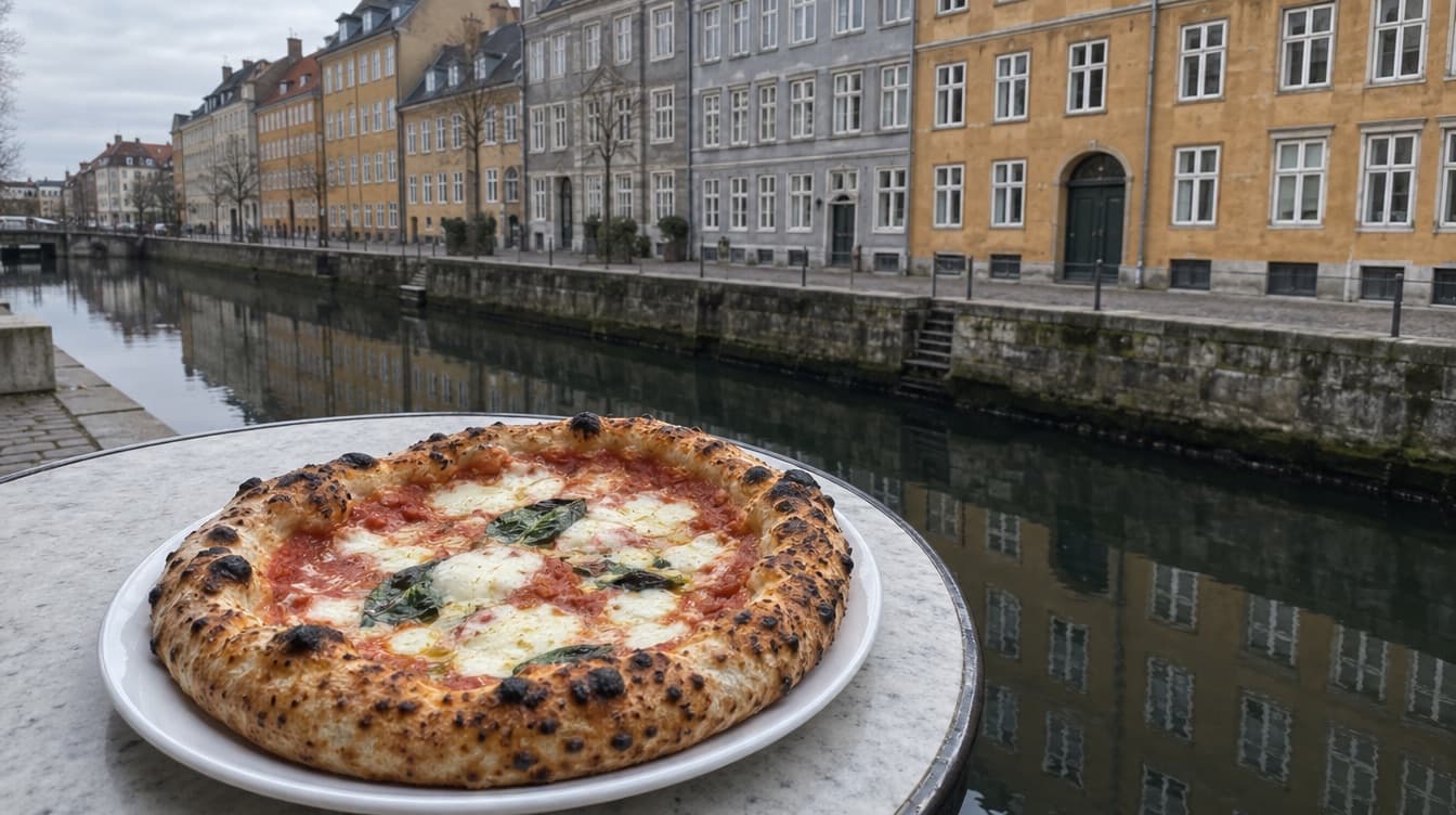 Napolitansk margherita ved et gadebord mod kanalen — Pizzeria Luca på Gammel Strand