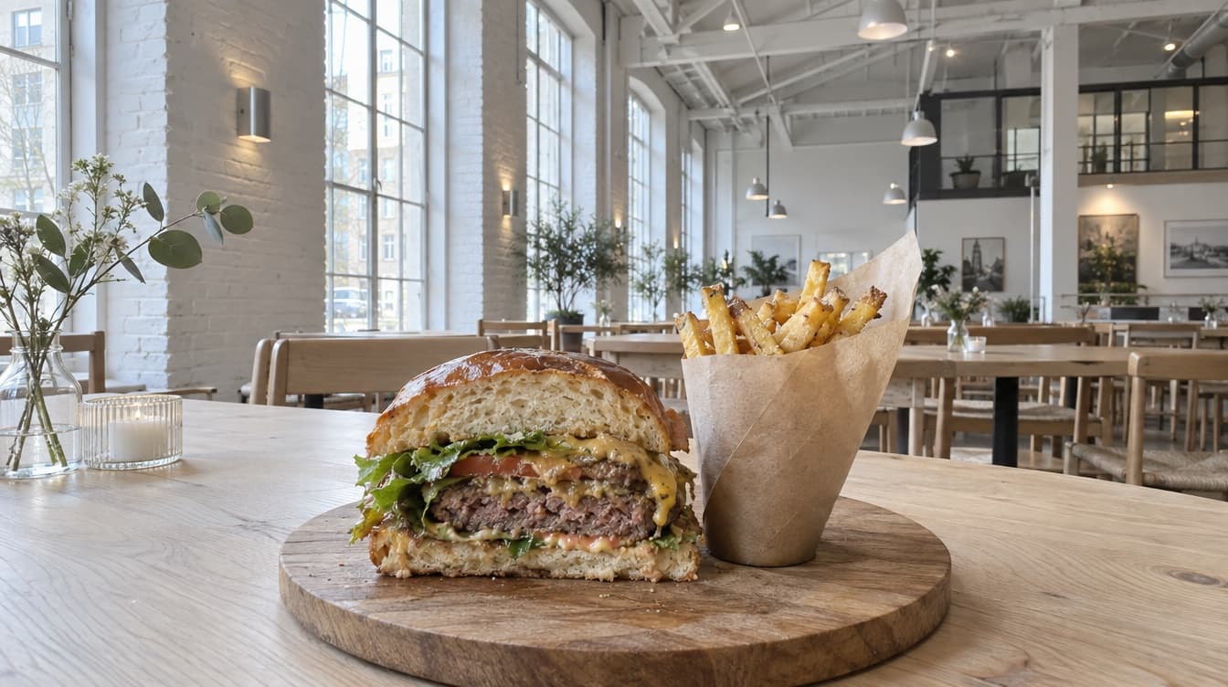 Cheeseburger på en træplade i en lys restaurantsal på Holmen — POPL i Strandgade