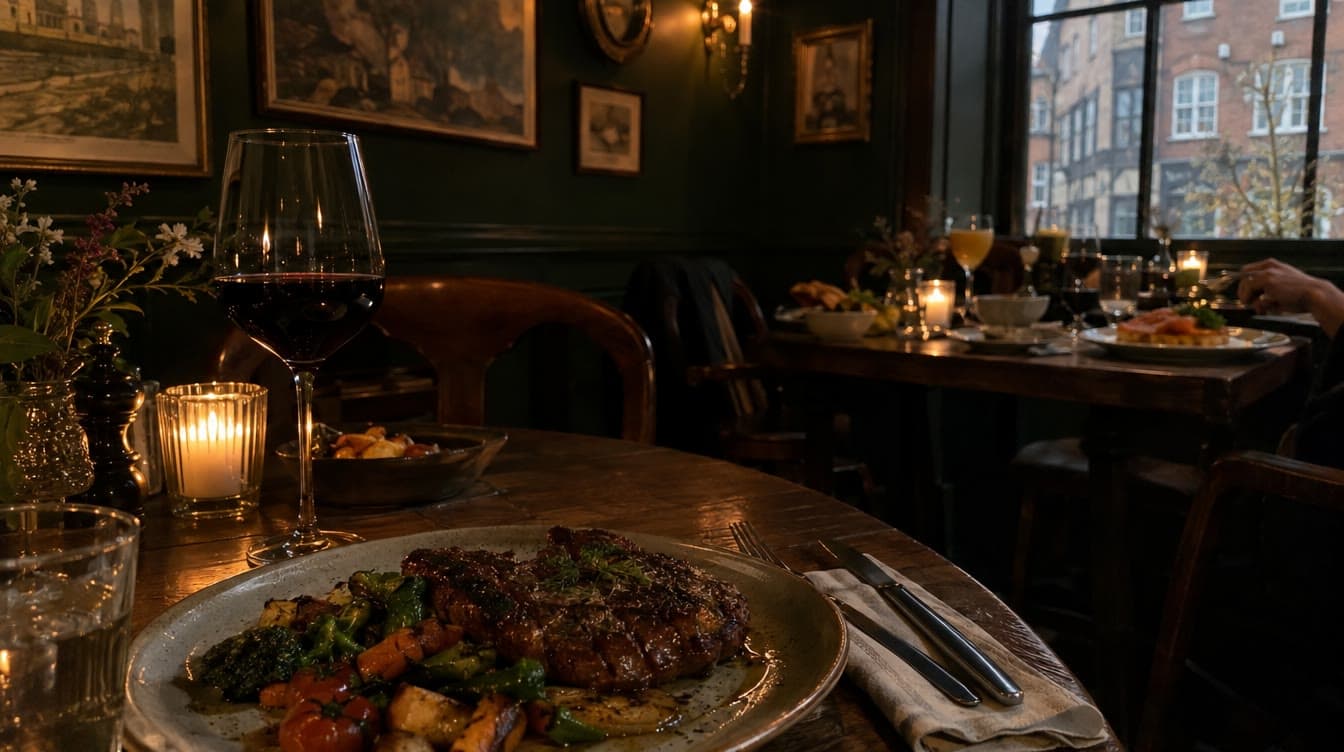 Bøf og rødvin i den mørke franske restaurant — Provence