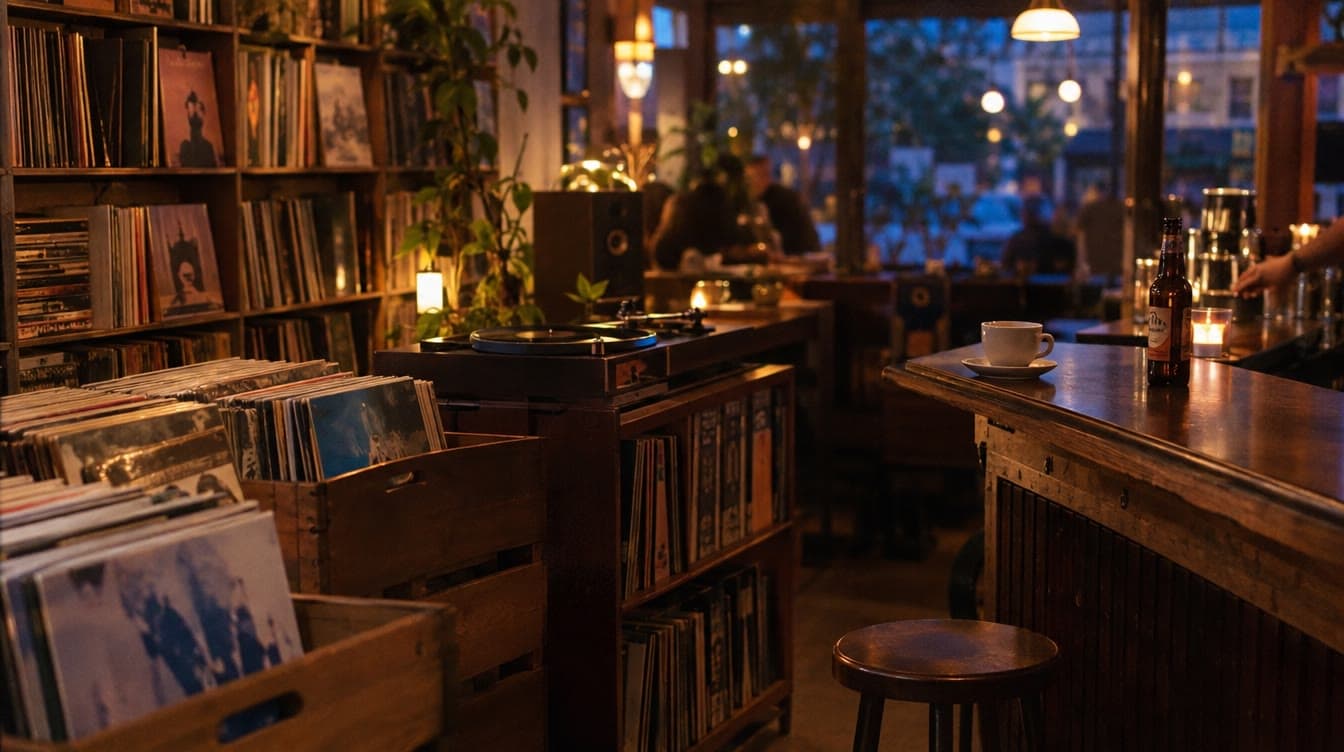 Vinylplader, pladespiller og en øl — Record Pusher