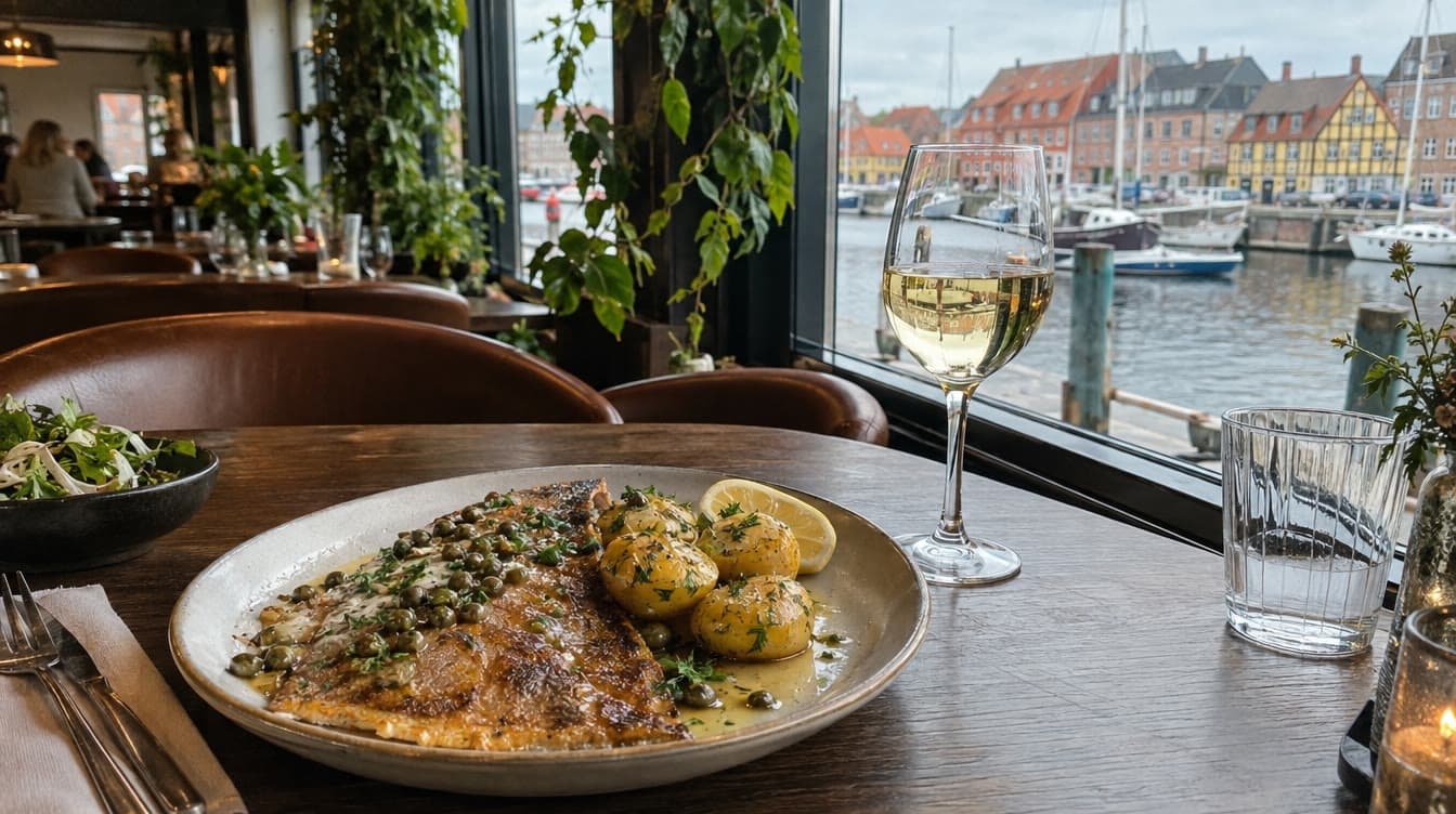 Rødspætte med brunet smør ved vinduet — Restaurant Emil