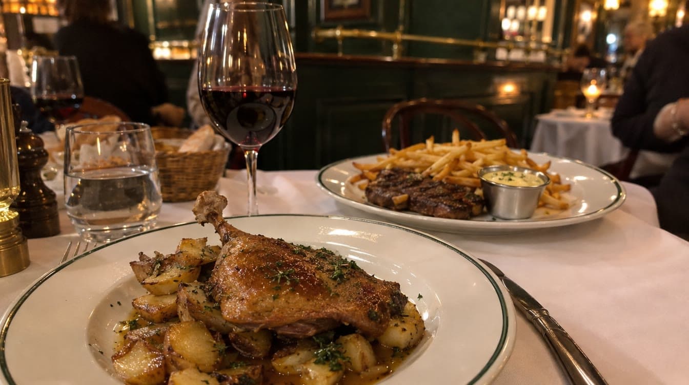 Andeconfit og steak frites på hvide duge — Restaurant ET