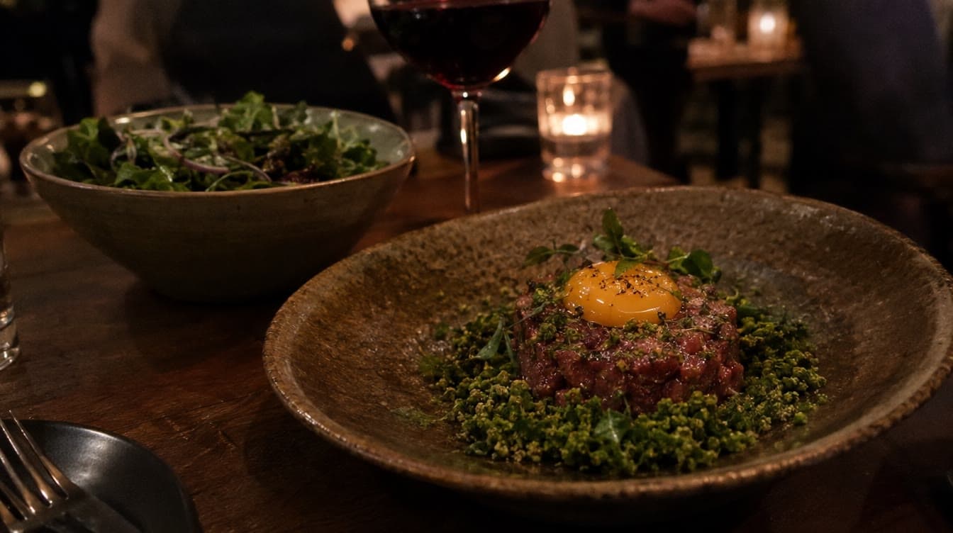 Tatar med æggeblomme på brunglaseret keramik — Restaurant Komfur