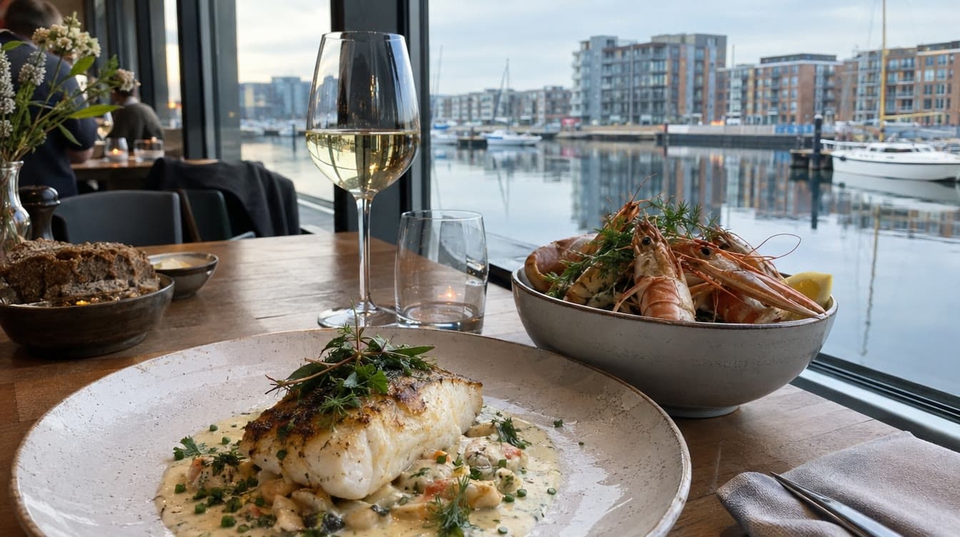 Torsk og jomfruhummere ved vinduet mod havnen — Restaurant Nordatlanten