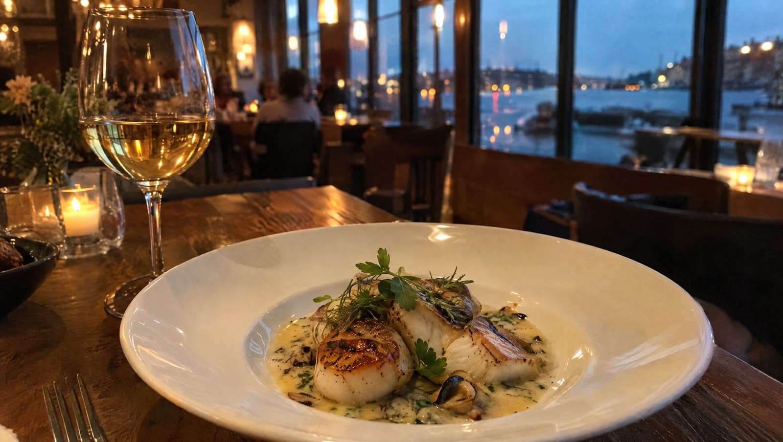 Kammusling og fisk med skaldyrssauce — Restaurant SL