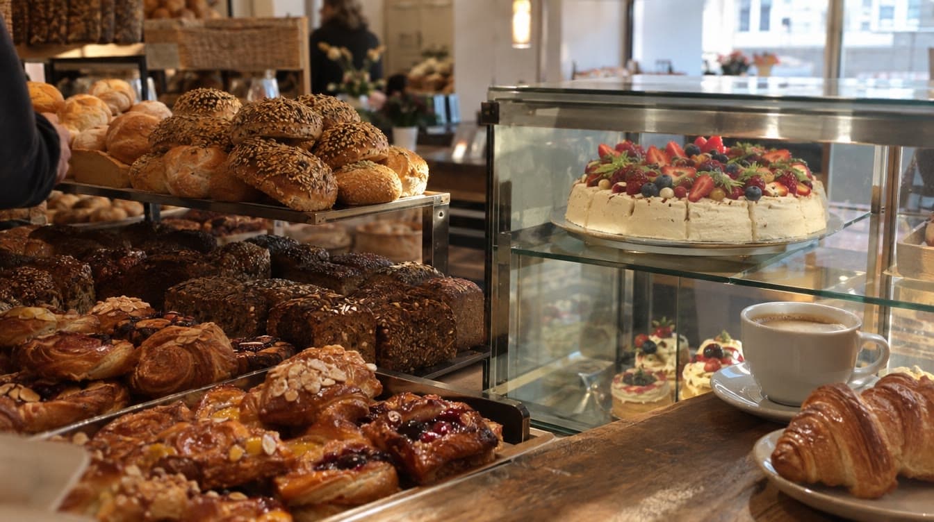 Morgenbrød og wienerbrød i den klassiske bagerdisk — Schweizerbageriet