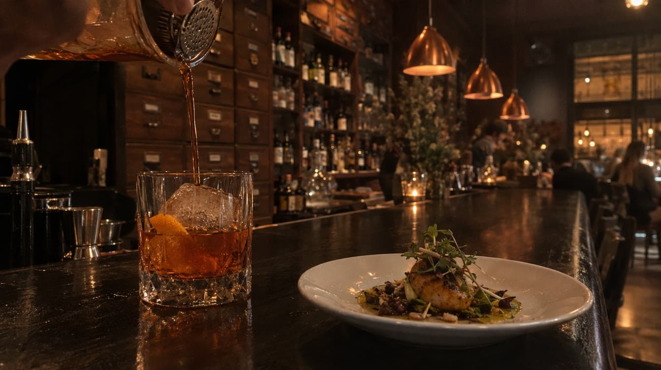 Cocktail og en lille ret foran apotekerskabene — Sct. Pauls Apotek