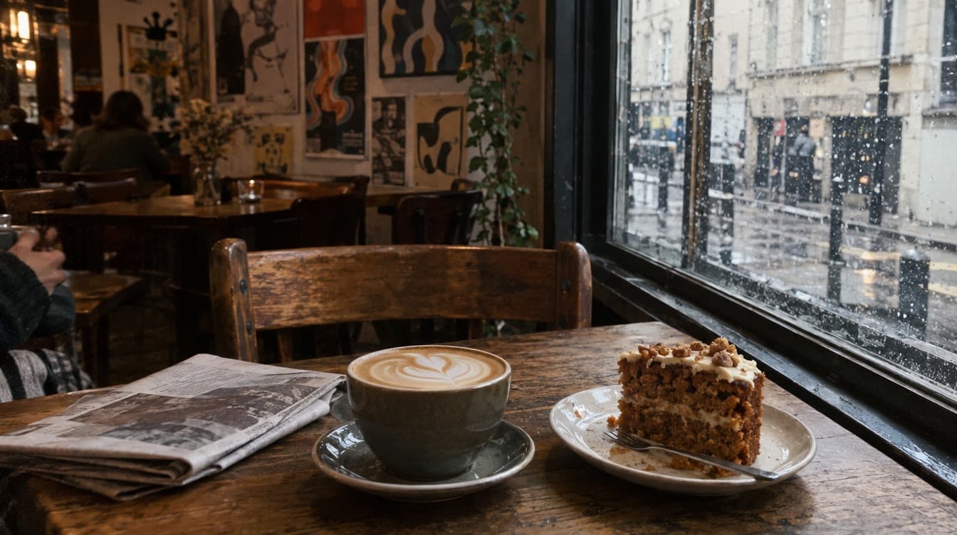 Flat white og gulerodskage ved et slidt træbord — Sigfreds Kaffebar