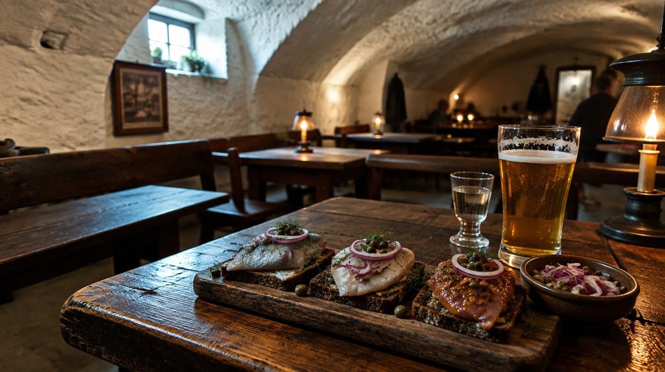 Fad med tre slags sild på rugbrød i en hvidkalket kælder