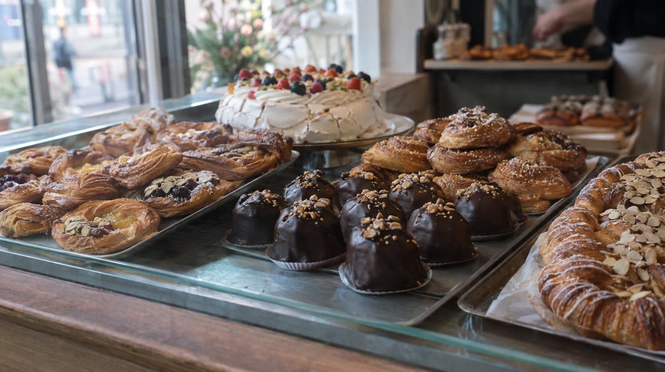 Wienerbrød og kager i disken — Stjernebageriet