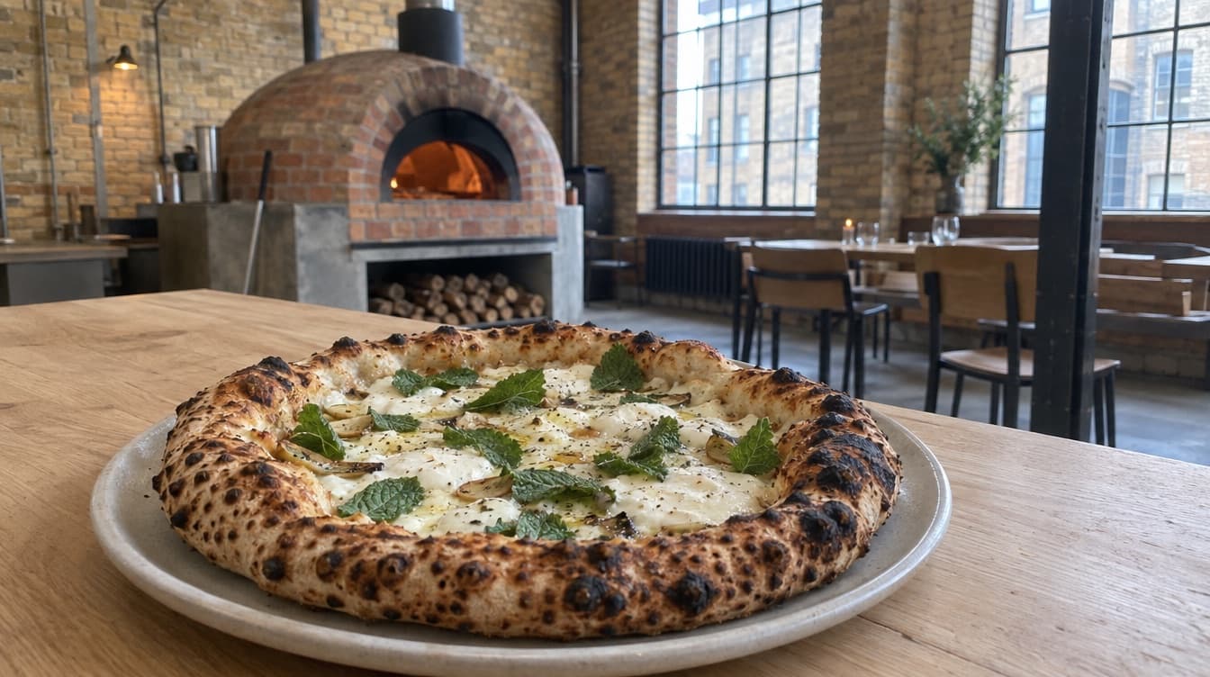 Surdejspizza med bøffelmozzarella på et træbord — Surt i Carlsberg Byen