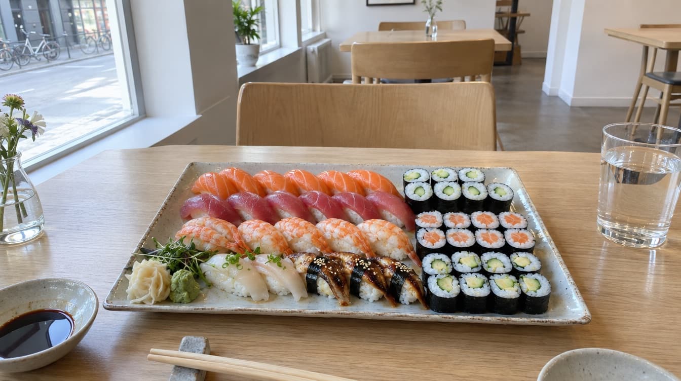 Fad med nigiri og maki i en lys sushirestaurant — Sushi Factory på Amagerbrogade