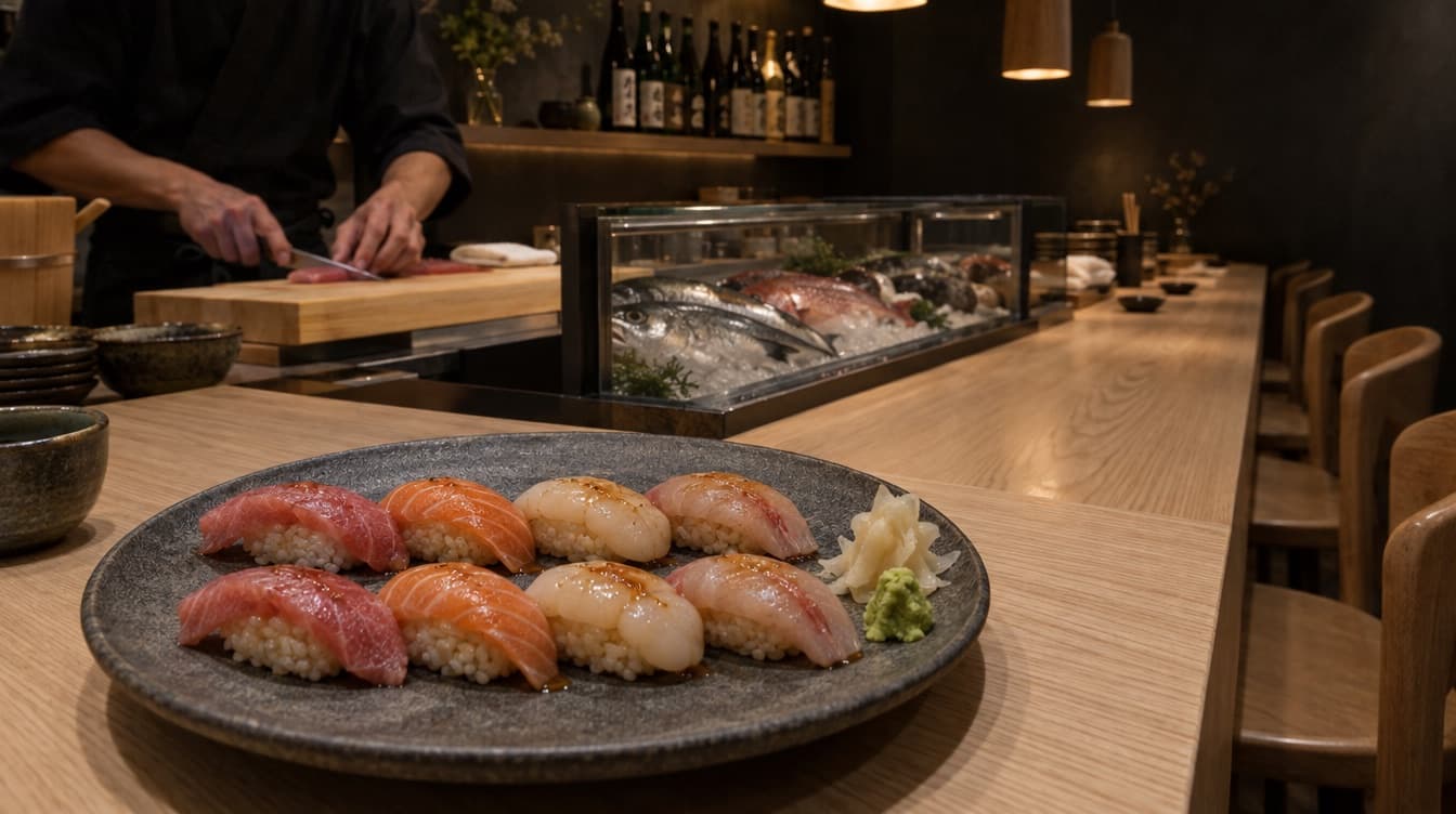 Nigiri på et stenfad ved en sushibar med køledisk og kok bag ved