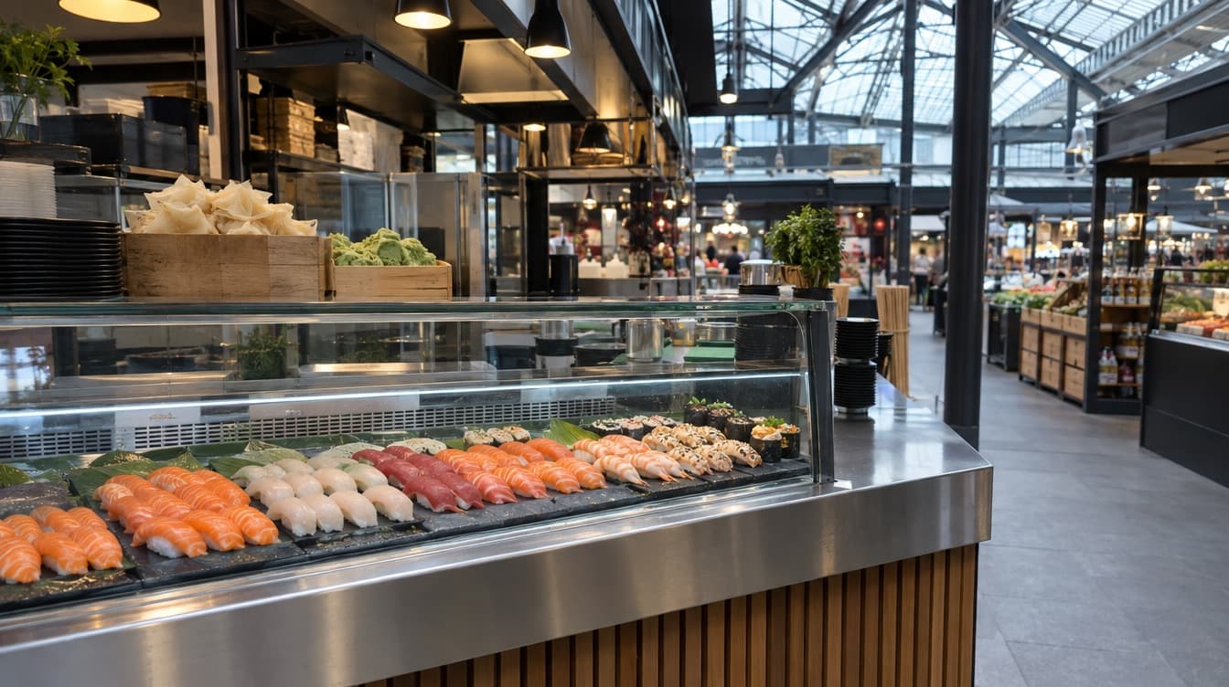 Sushistade med nigiri i rækker under markedshallens glastag — Sushi Lovers i Torvehallerne