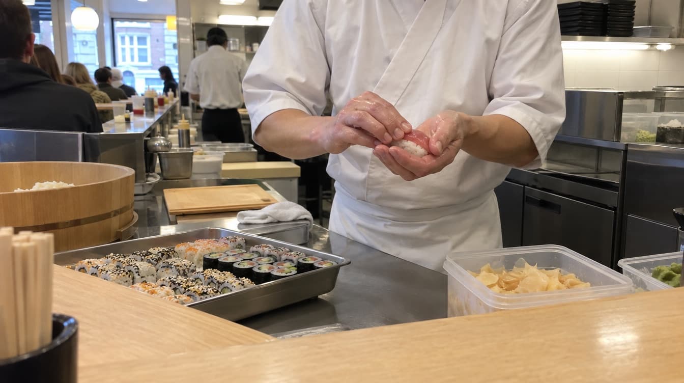 Åbent sushikøkken med kok, der former nigiri bag disken — Takii på Jagtvej