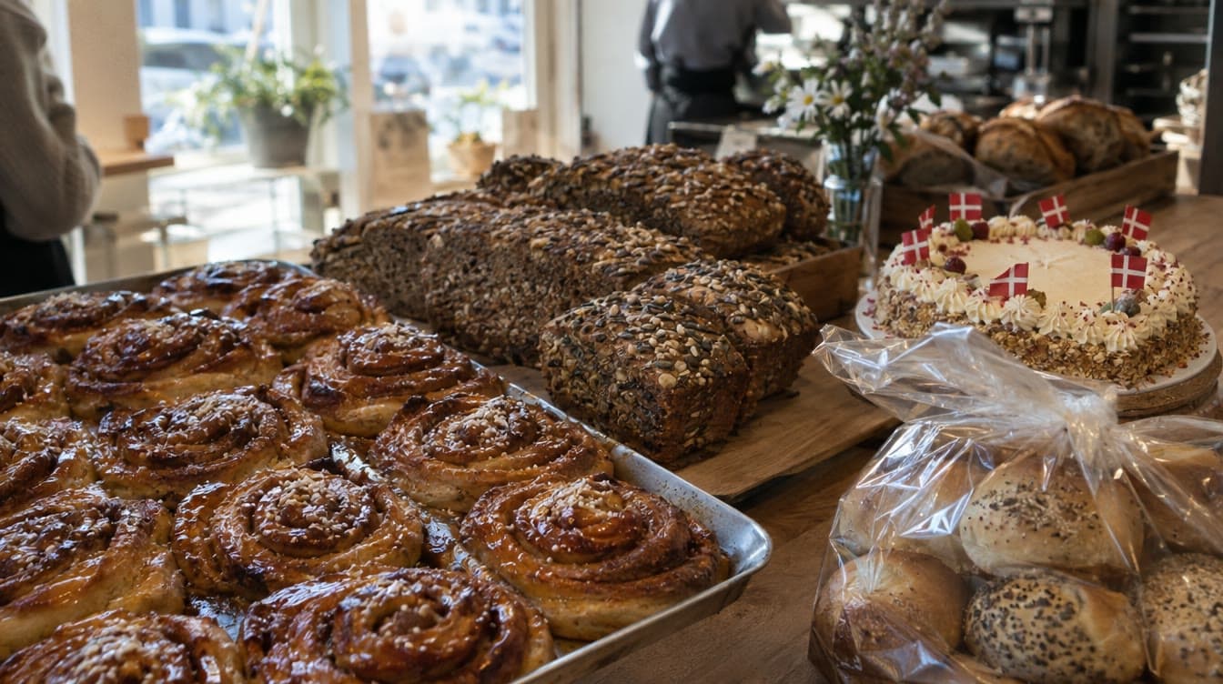 Kanelsnegle og rugbrød på disken — Brunsvigerhuset Stige