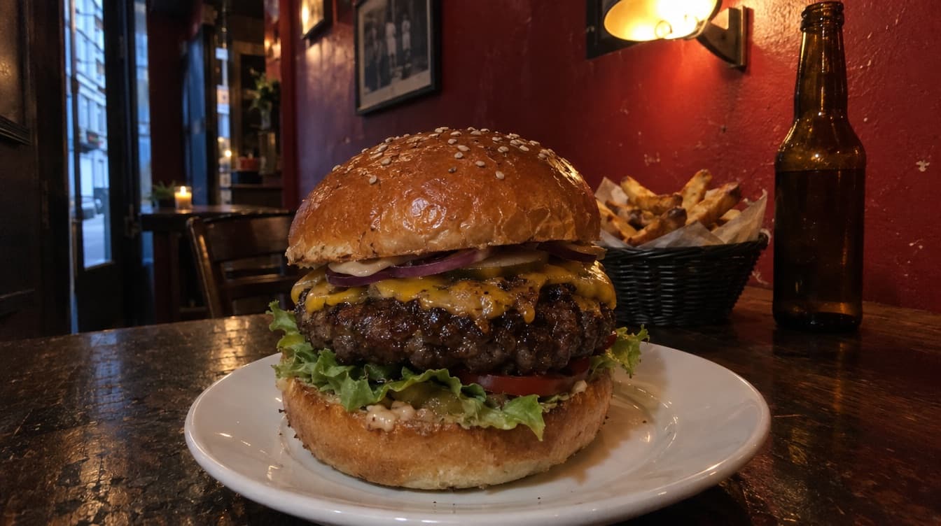 Stor burger med 200 grams bøf på en tallerken — The Bronx på Vandkunsten