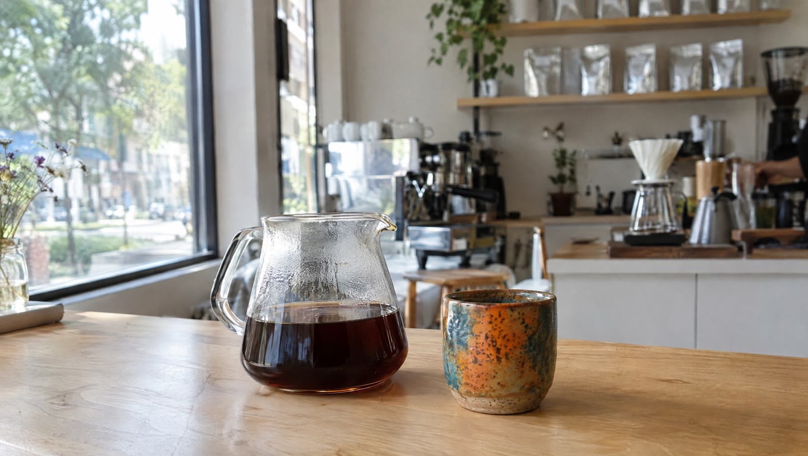 Filterkaffe i glaskaraffel og en keramikkop ved vinduet — The Coffee Collective