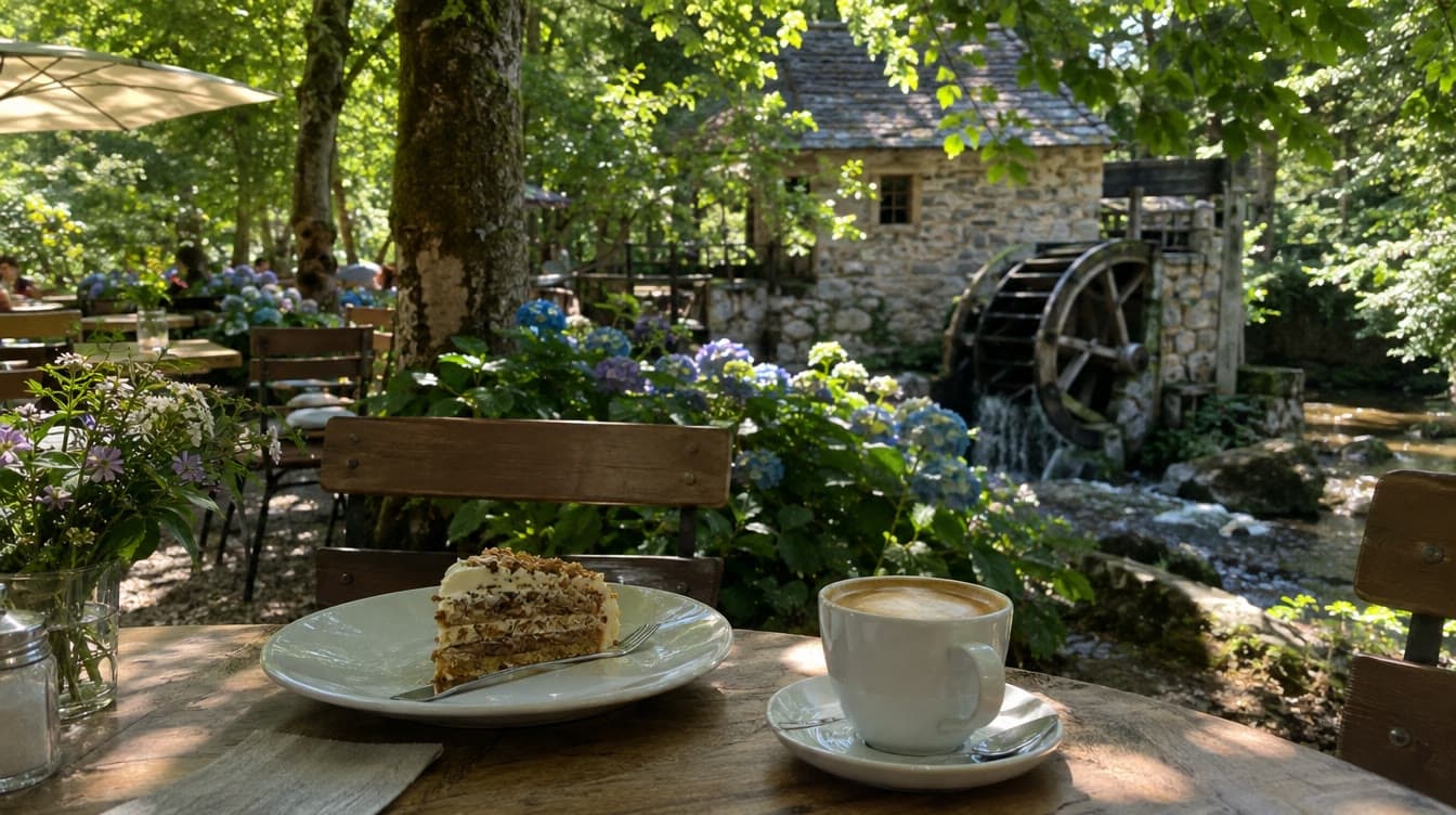 Kage og kaffe under træerne ved møllen — Thors Mølle
