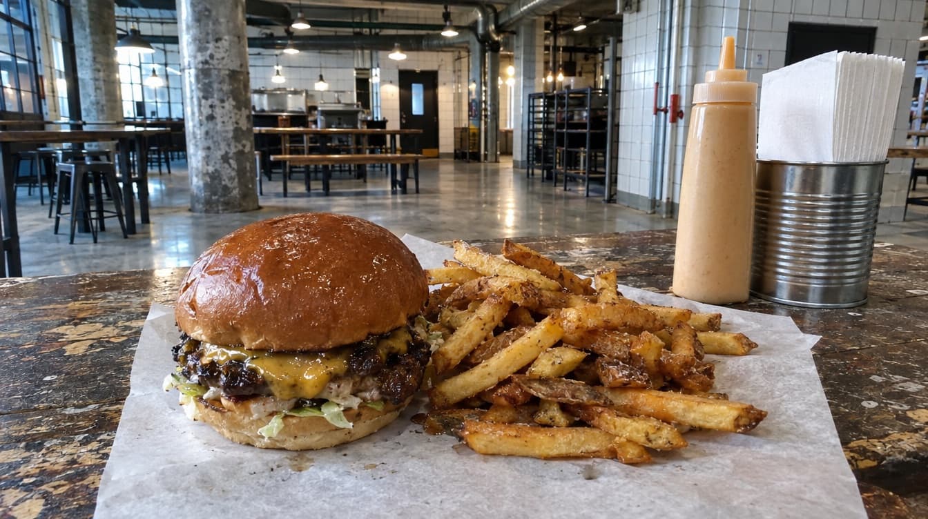 Burger og fritter på fedtpapir ved et slidt træbord — Tommi's Burger Joint