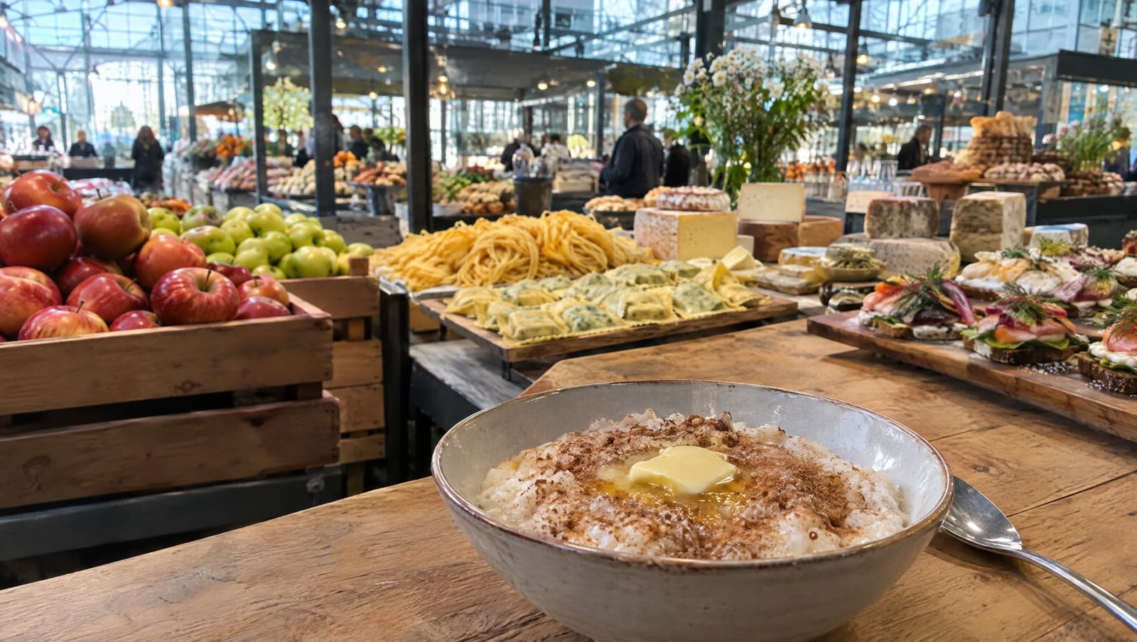 Boder med fisk, ost og brød under glastaget i Torvehallerne ved Israels Plads